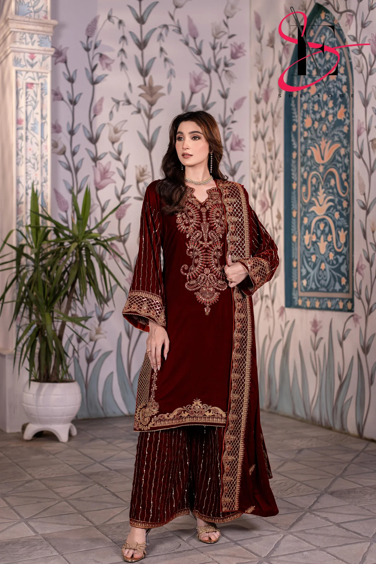 3PC Festive Micro Velvet Dress Embroidered - Winters 2025 #038y