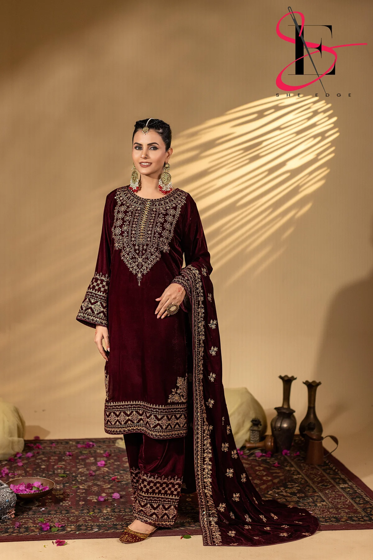 3PC Festive Micro Velvet Dress Embroidered - Winters 2025 #038y