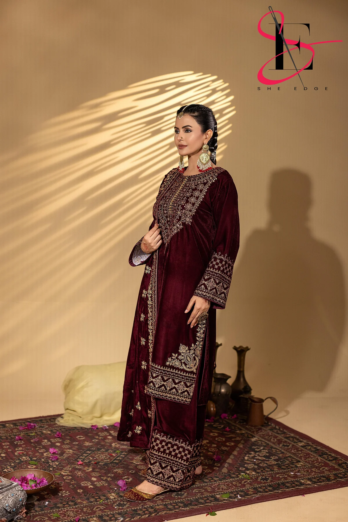 3PC Festive Micro Velvet Dress Embroidered - Winters 2025 #038y - Image 2