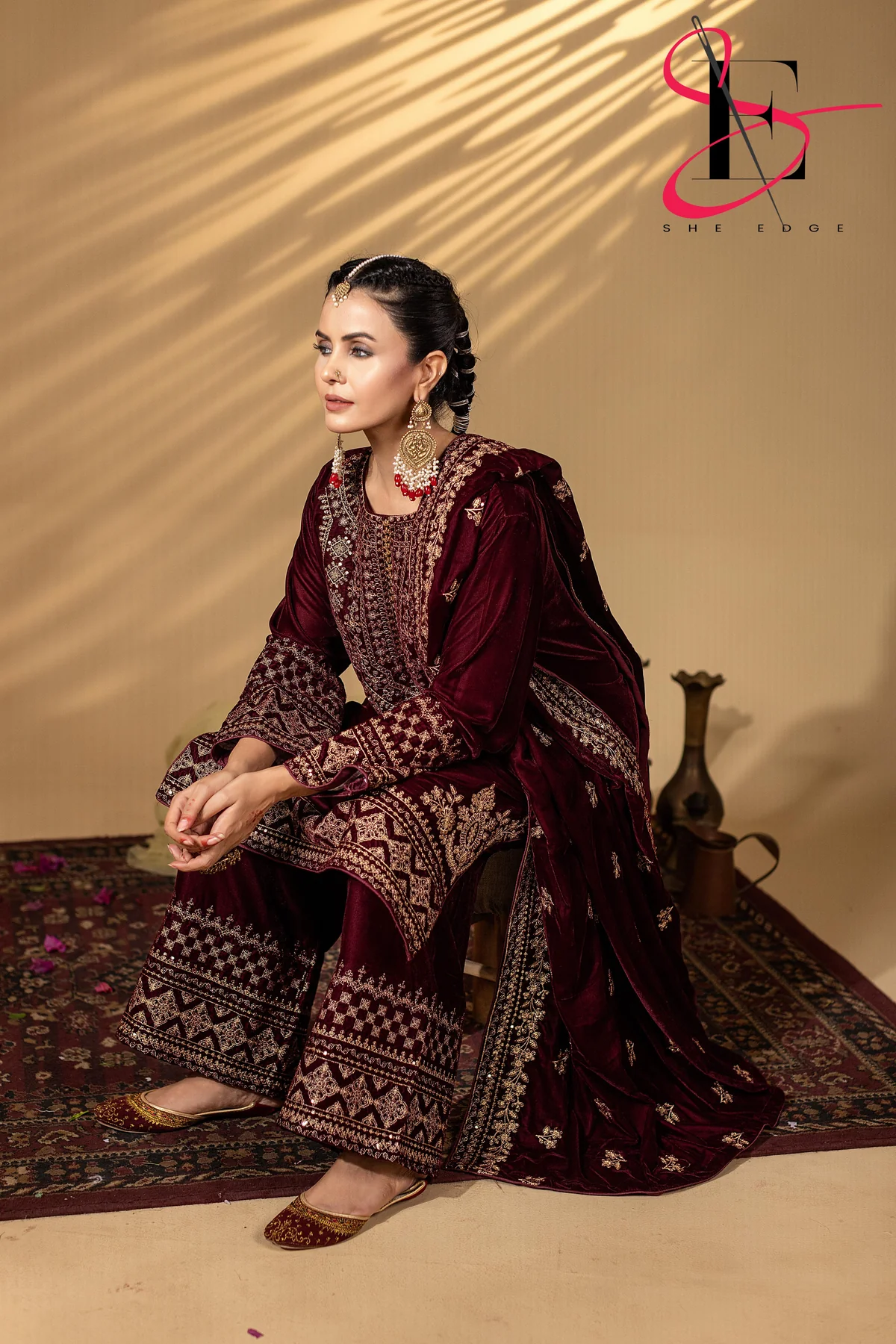 3PC Festive Micro Velvet Dress Embroidered - Winters 2025 #038y - Image 4