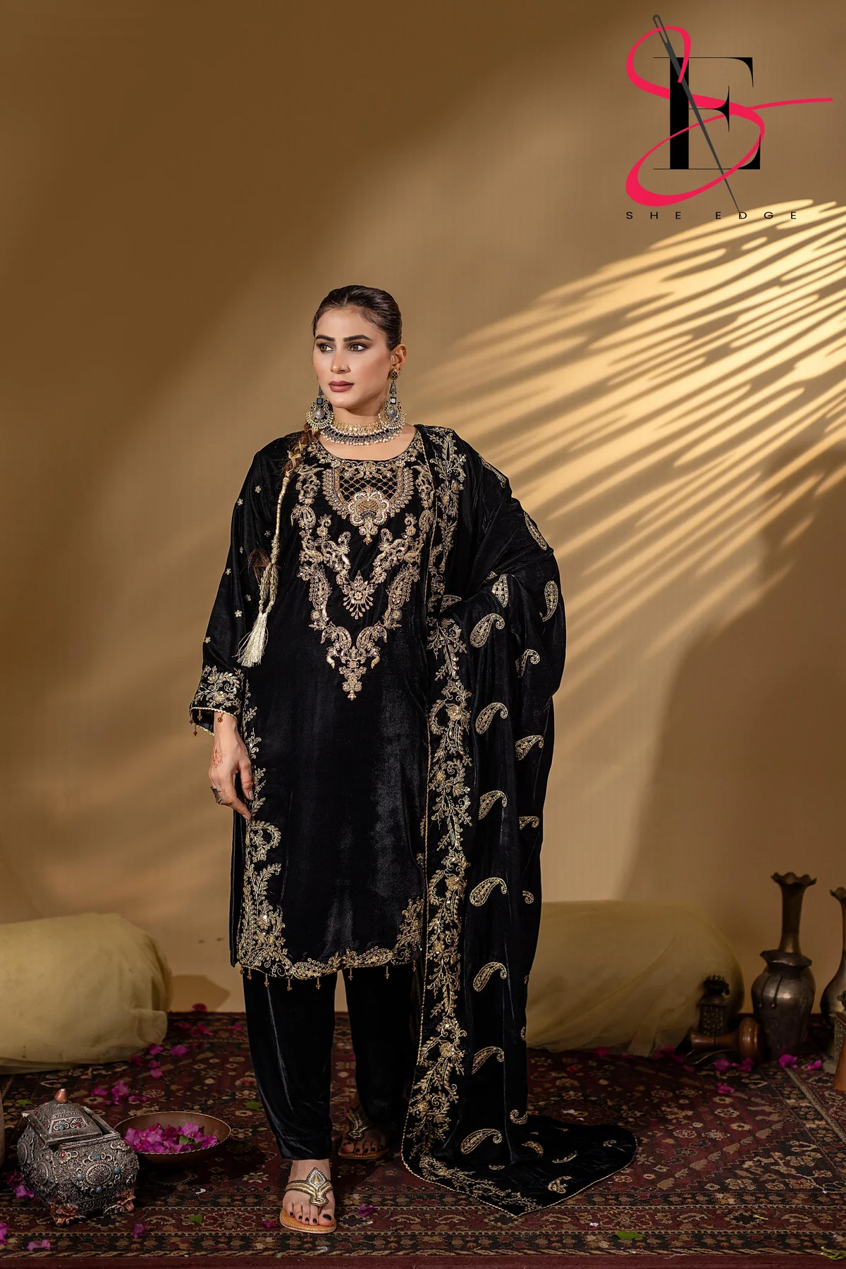 3PC Festive Micro Velvet Dress Embroidered - Ladies Stitch -Winters 2025 #038y - Image 3