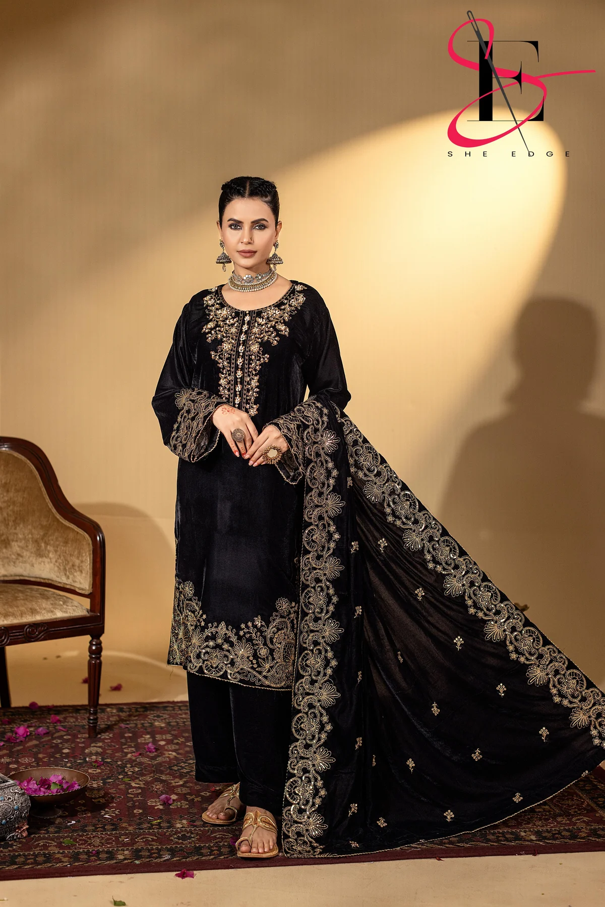3PC Festive Micro Velvet Dress Embroidered -Ladies stitch- Winters 2025 #038y