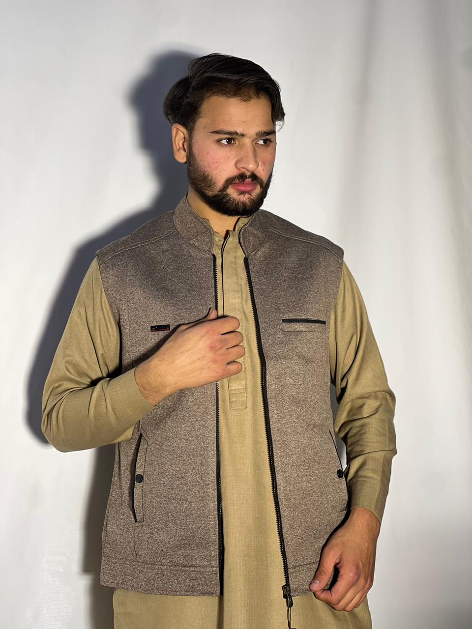 Men’s Winter Woolen Sleeveless Zip-Up Cardigan – #555Y