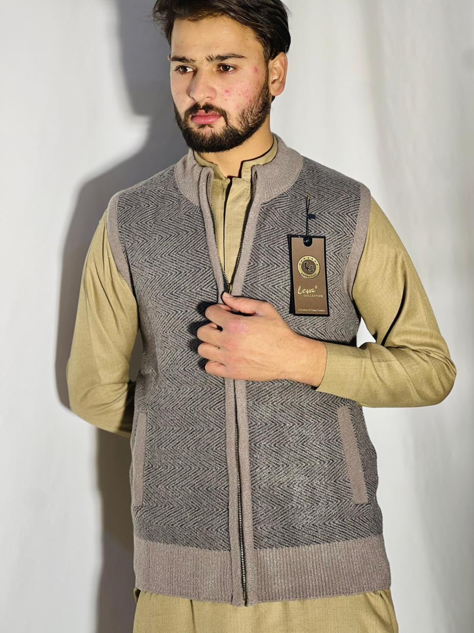 Men’s Winter Woolen Sleeveless Zip-Up Cardigan – #555Y