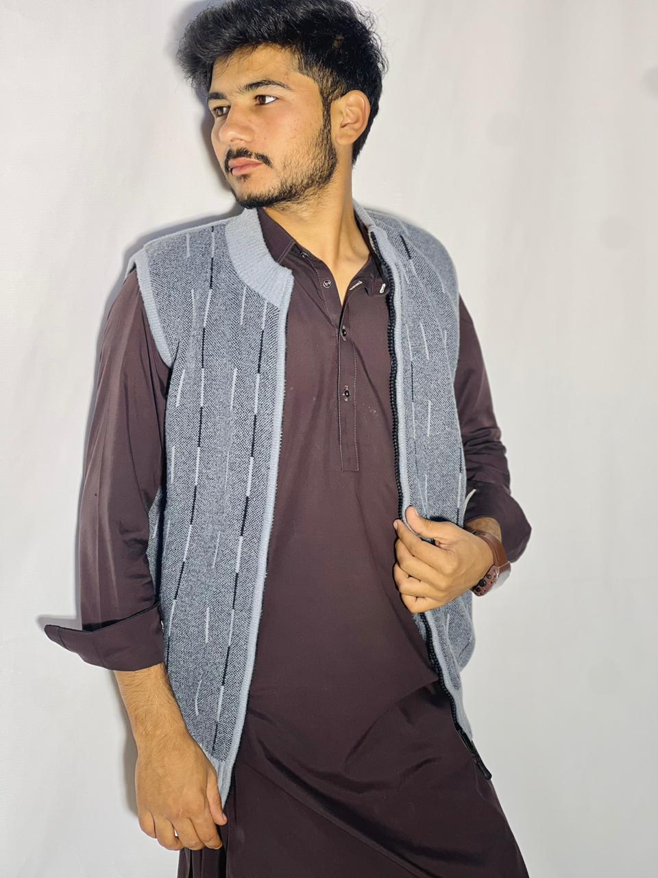 Men’s Winter Woolen Sleeveless Zip-Up Cardigan – #555Y