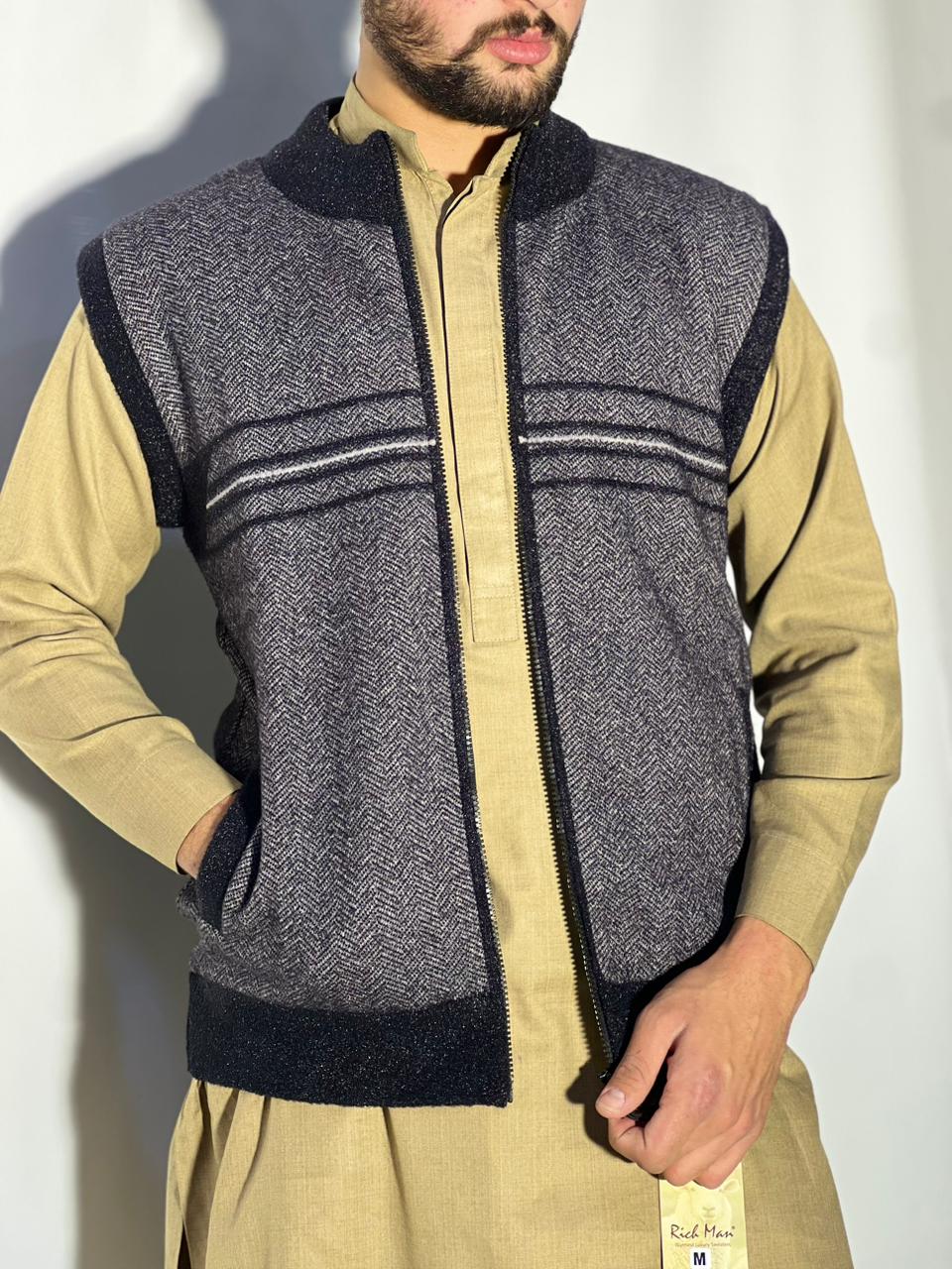 Men’s Winter Woolen Sleeveless Zip-Up Cardigan – #555Y - Image 2