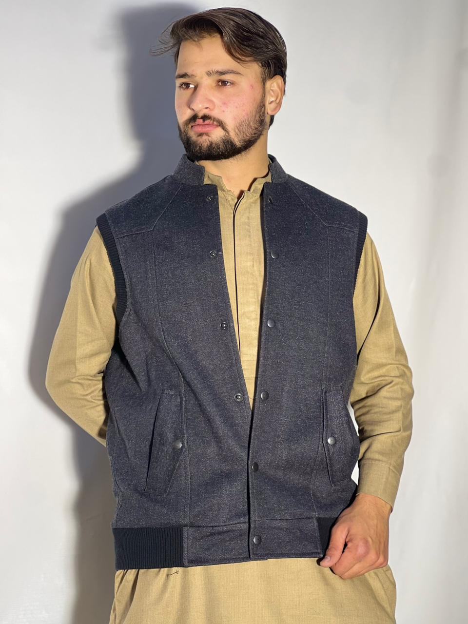 Men’s Winter Woolen Sleeveless Zip-Up Cardigan – #555Y