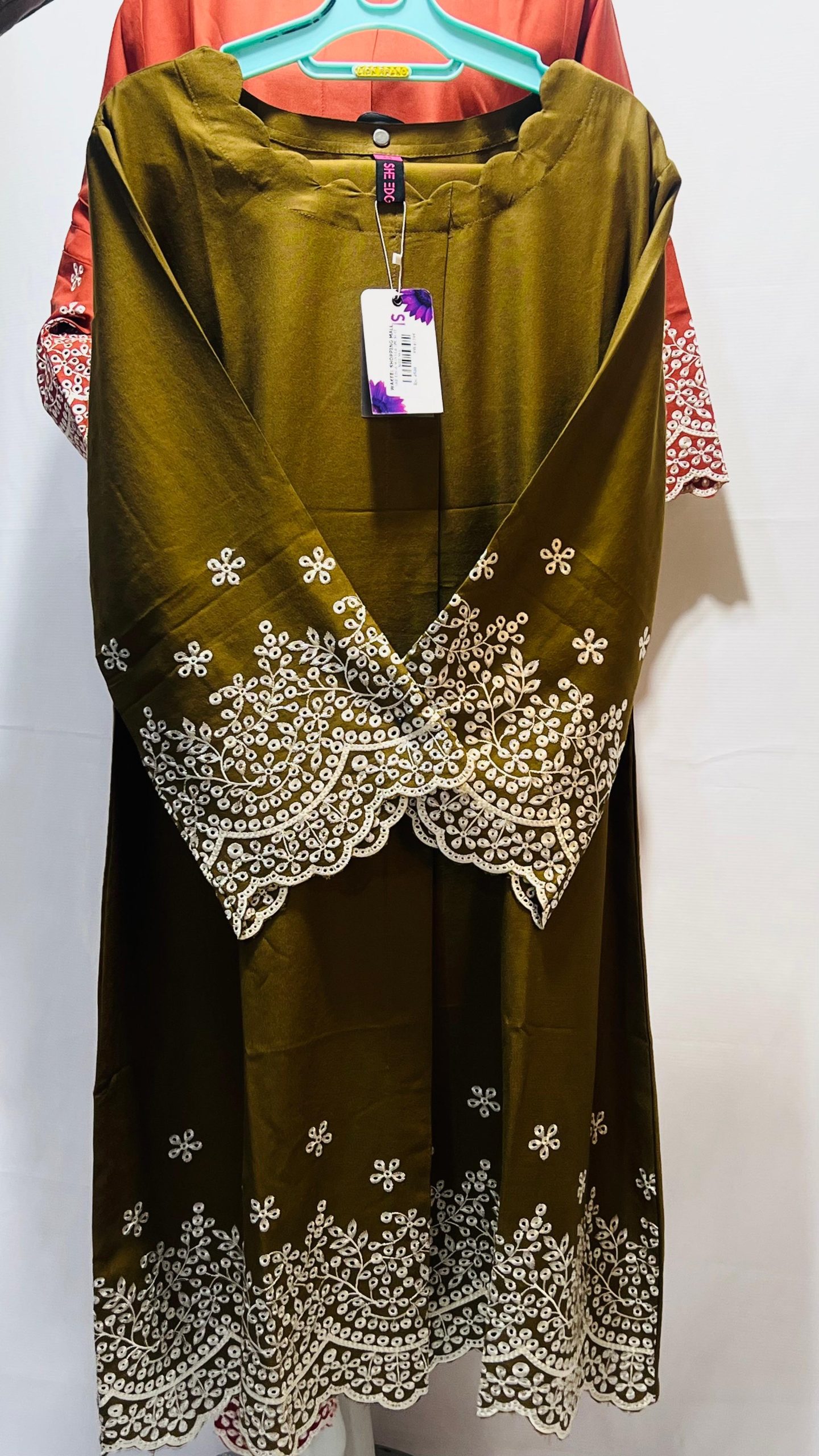 SHE EDGE 2 piece Olive Green & White Embroidered Shirt #038y - Image 2