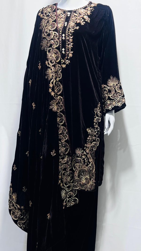 Black Velvet Abaya/Kurti/Kaftan with Gold Embroidery #038y
