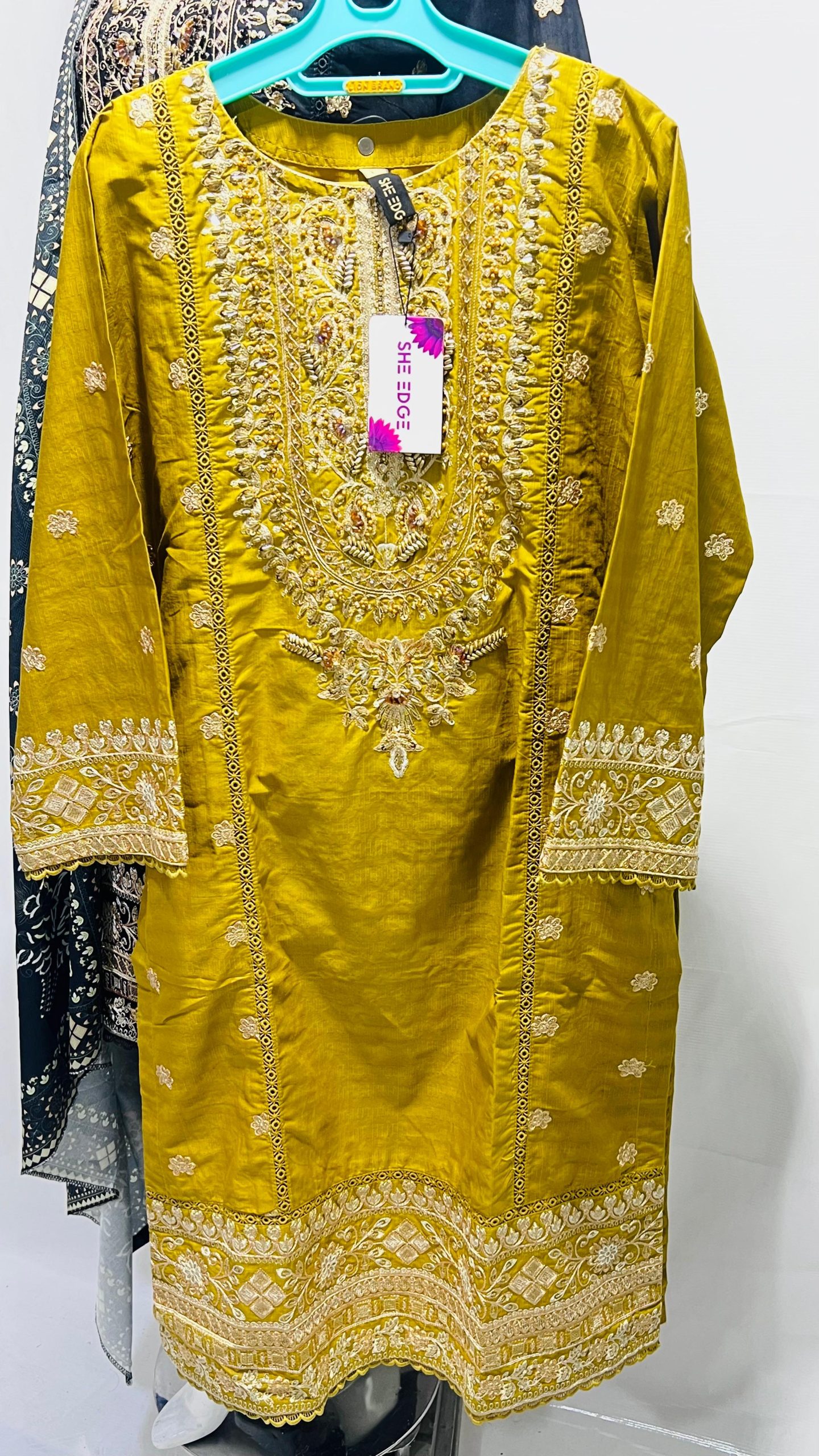 Women’s Embroidered Luxury Kurta – Mustard Gold Collection #038y - Image 2