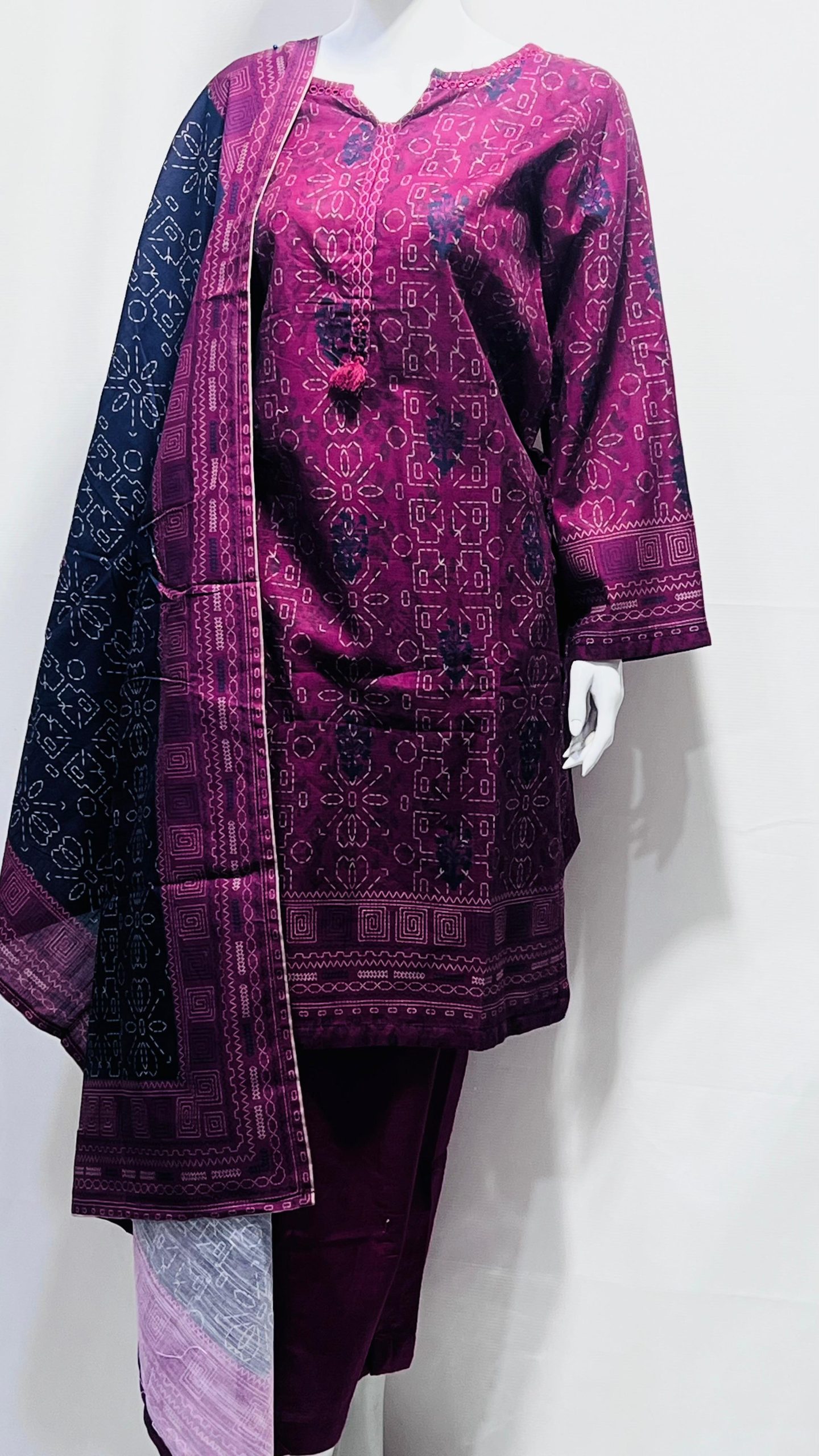 Sadabahar Plum & Black 3-Piece Stitched Printed Khaddar Suit #038y