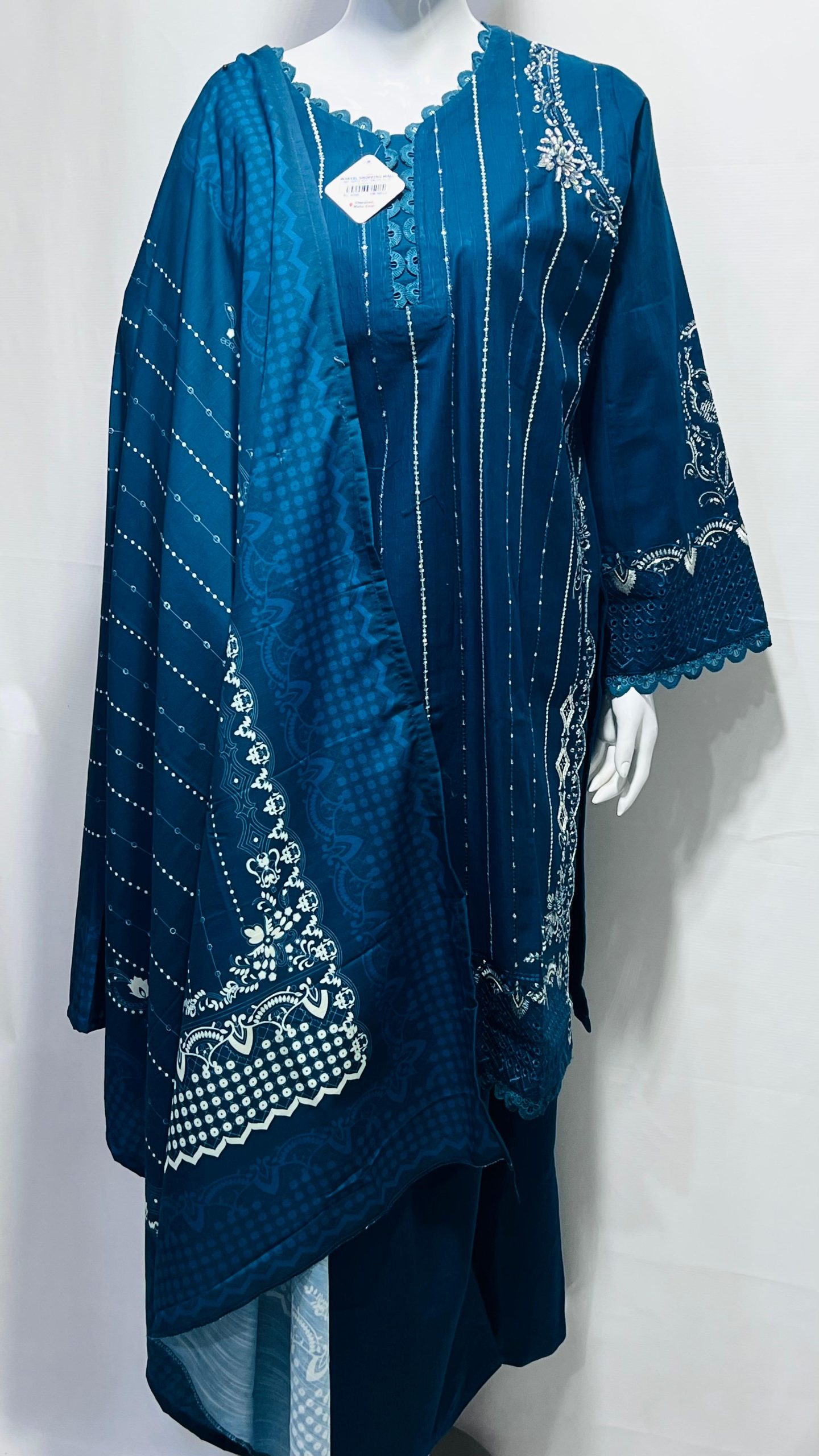 Peacock Blue Embroidered Three-Piece Pakistani Women’s Suit #038y
