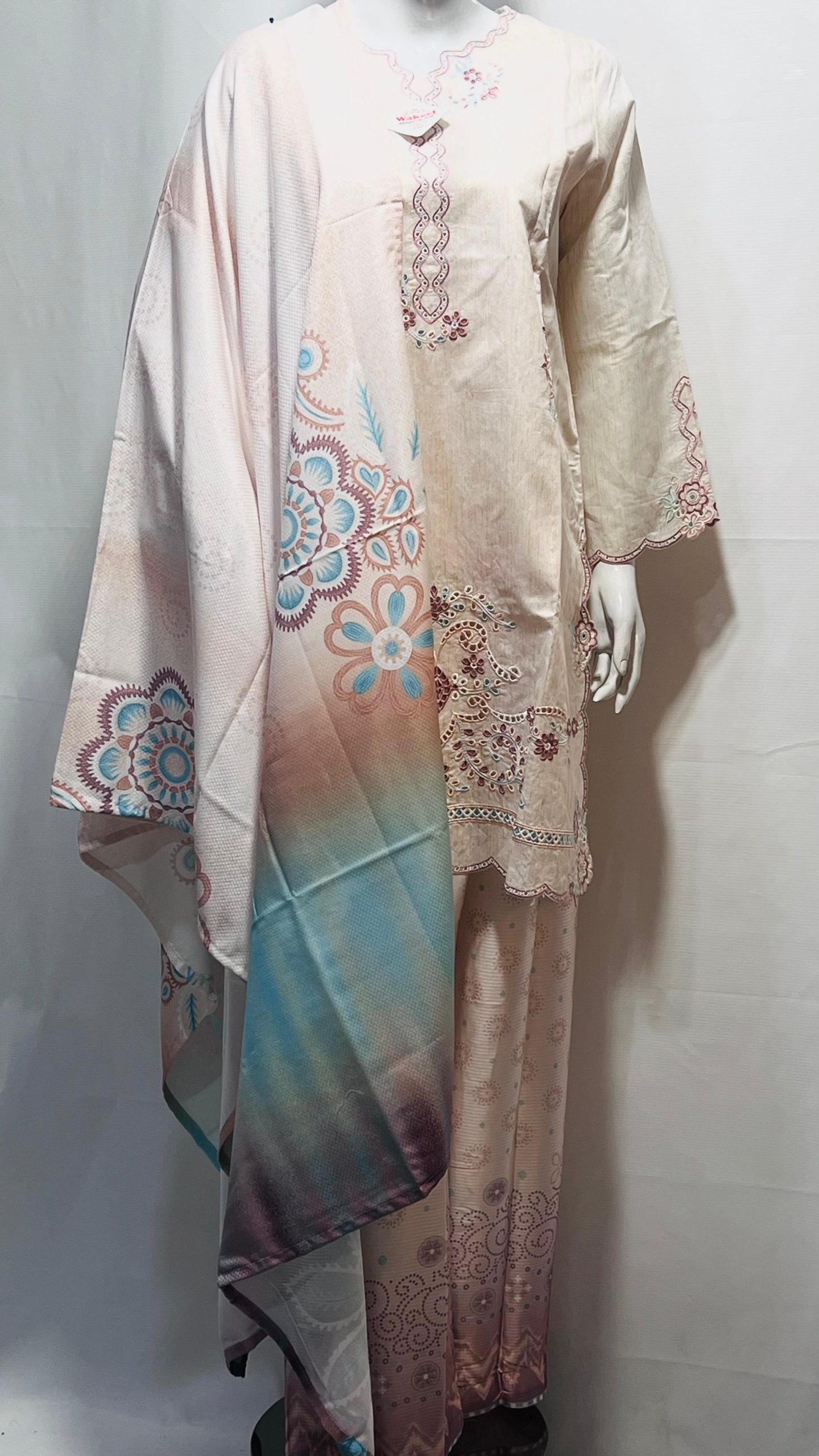 Zariya Light Blue Embroidered Three-Piece Women’s Suit with Pink Floral Accents & Dupatta #038y - Image 2